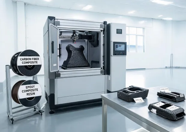 Industrial composite printer cell with finished factory tooling
