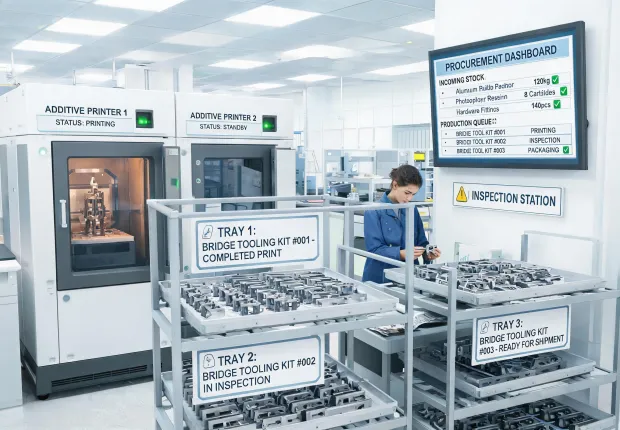 Bridge production queue for additive manufactured tooling