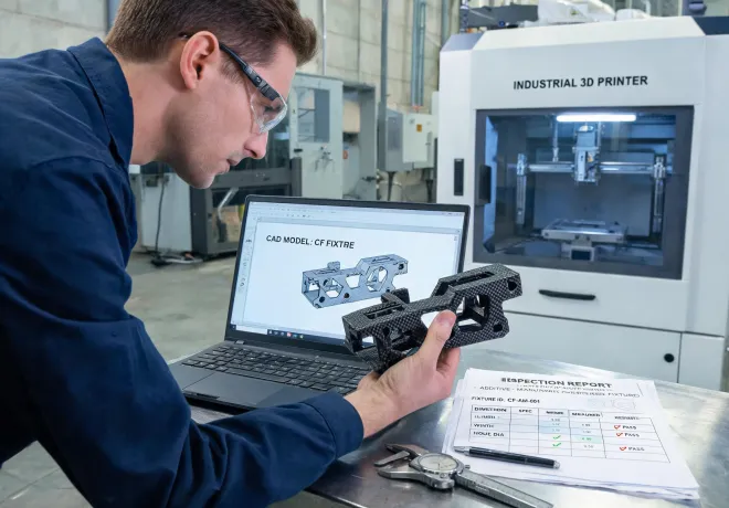 Application engineer reviewing additive tooling fixture